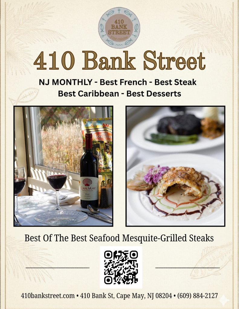 410 Bank Street Restaurant historic 1840s carriage house with tropical garden dining in Cape May NJ - Award-winning New Orleans Creole cuisine Jersey Shore fine dining