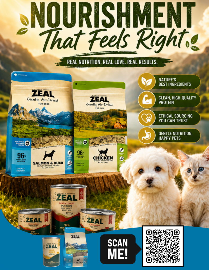 Every ZEAL recipe begins with nature’s best—clean proteins, nourishing
superfoods, ethical sourcing, and the care your pet deserves.