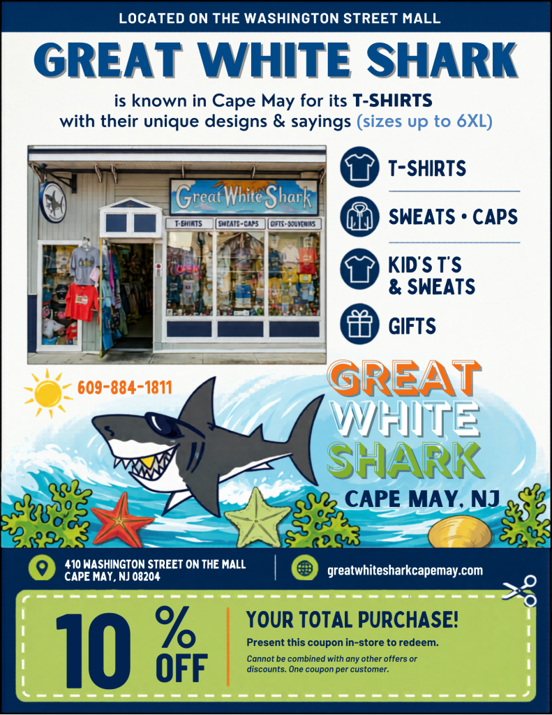 Great White Shark graphic t-shirt featuring Cape May design, Jersey Cape apparel coupon deal