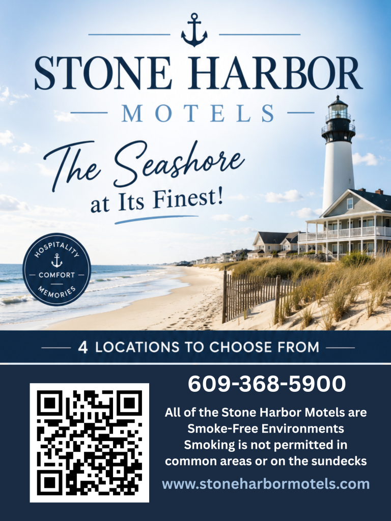 Exterior of budget-friendly Stone Harbor motels featuring promotional signage for Jersey Cape coupons and summer lodging deals