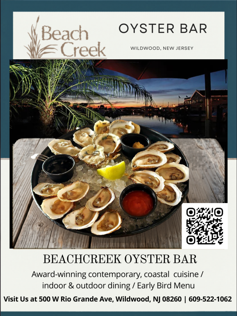 "Beach Creek Oyster Bar Grille waterfront deck dining Wildwood NJ - outdoor restaurant seating with sunset views over Schooner Island marina"