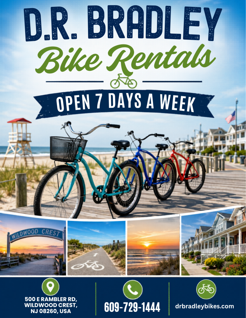 Bicycles parked outside D.R. Bradley's Bike Rentals in Wildwood, NJ, featuring a promotional Jersey Cape discount coupon for bike rental deals.