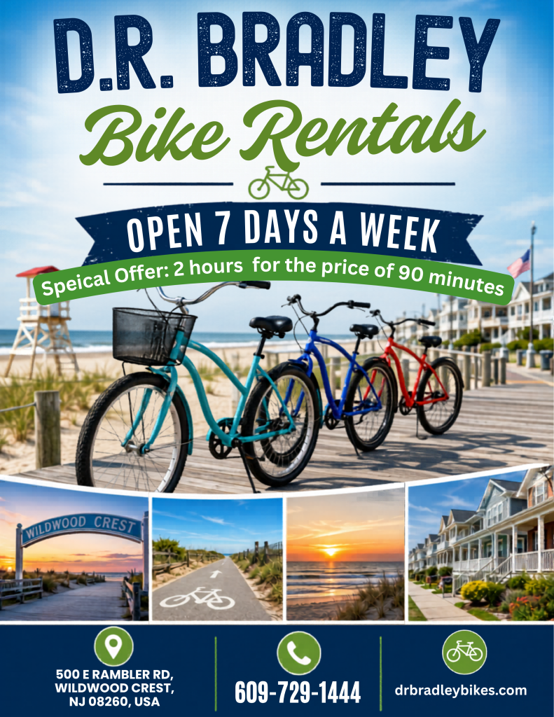 Bicycles parked outside D.R. Bradley's Bike Rentals in Wildwood, NJ, featuring a promotional Jersey Cape discount coupon for bike rental 