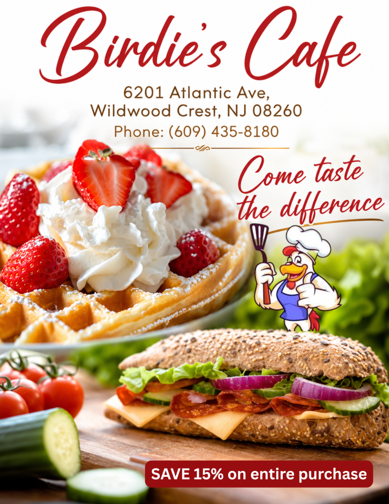 "Birdies Cafe storefront in Wildwood NJ featuring a summer discount offer from Jersey Cape Coupons."