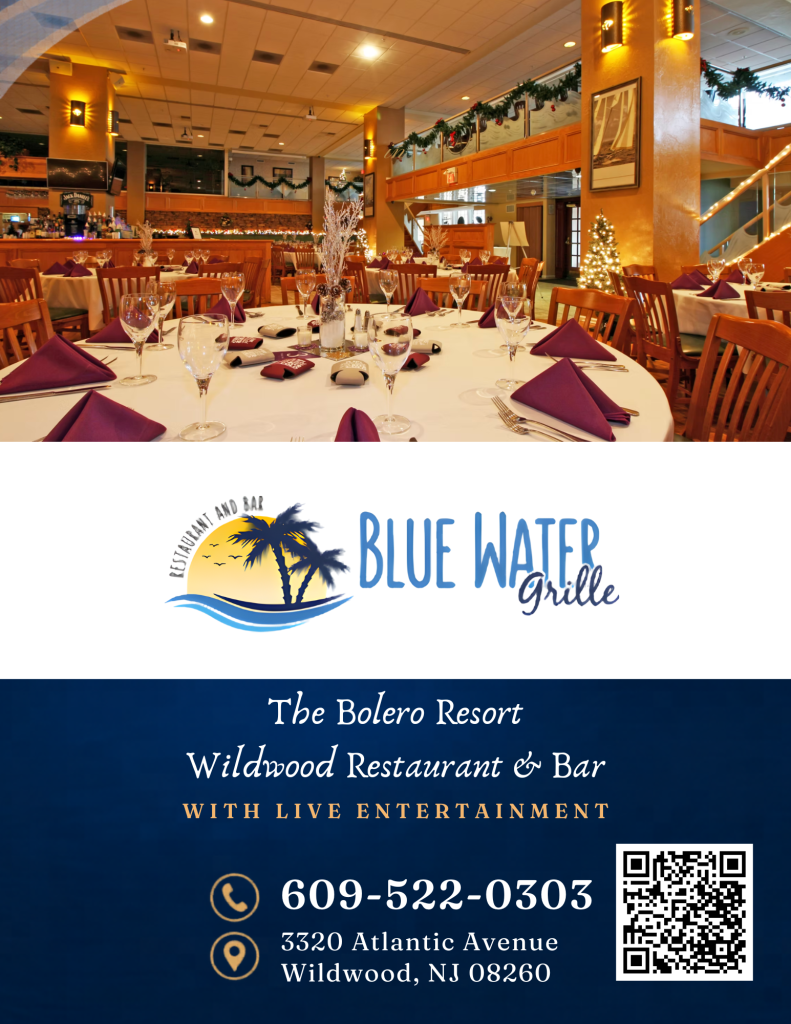 Blue Water Grille restaurant exterior in Wildwood NJ with outdoor seating and Jersey Shore oceanfront dining