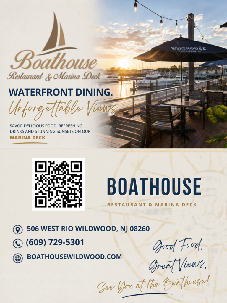 "Oceanfront exterior and dining deck of the Boathouse Restaurant in Wildwood Crest, NJ, featuring a Jersey Cape Coupons discount."