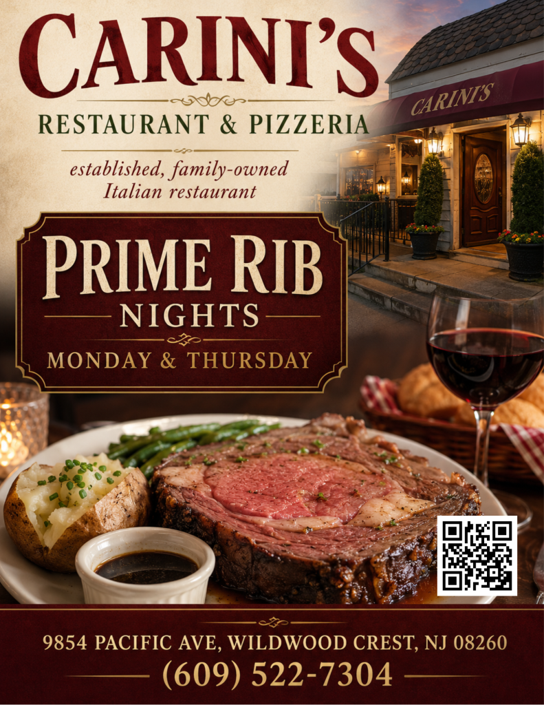 Carini's Restaurant and Pizzeria exterior on Pacific Avenue in Wildwood Crest NJ - Italian dining near Wildwood boardwalk with pizza, pasta and prime rib specials