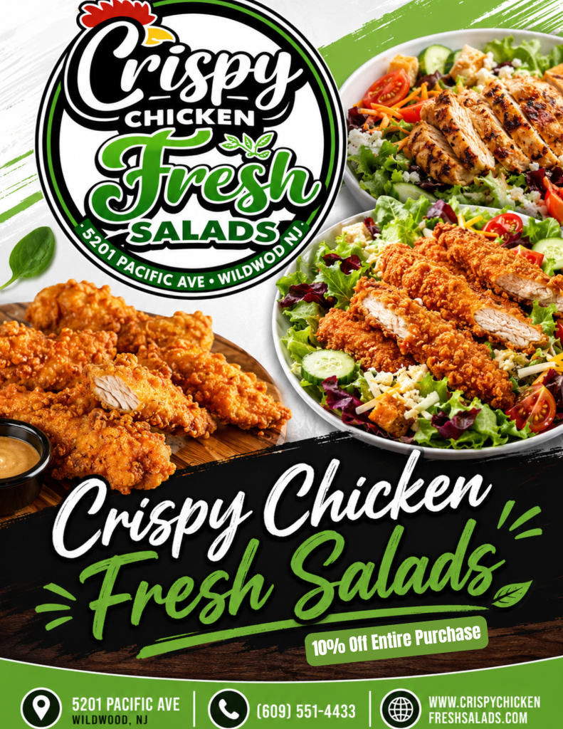 Fresh crispy chicken salad with mixed greens and vegetables, displayed next to a Jersey Cape coupon booklet featuring local restaurant deals and food discounts.