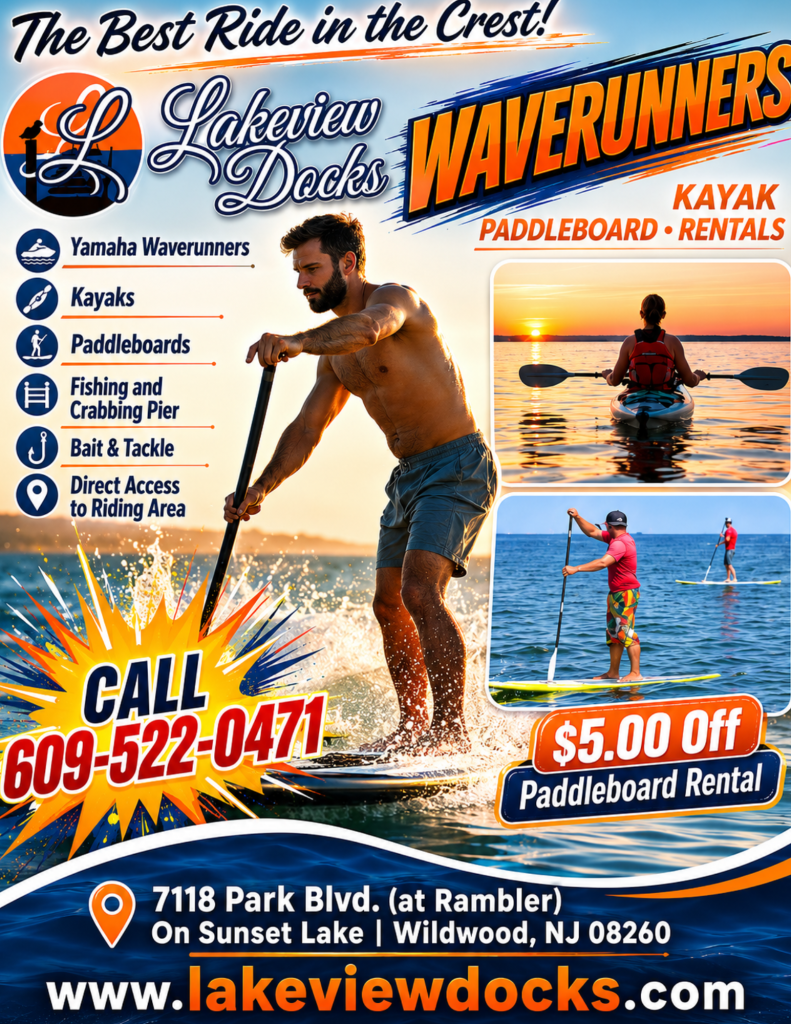 Jet ski rentals at Lakeview Docks Wildwood Crest NJ - 2025 Yamaha waverunners on back bay with fishing pier, Jersey Shore water sports rentals
