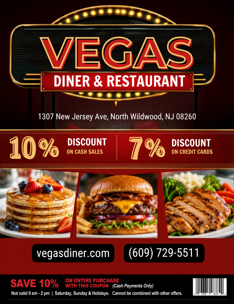 Vegas Diner and Restaurant in Wildwood NJ - Jersey Shore dining with classic American breakfast, lunch and dinner specials and coupons