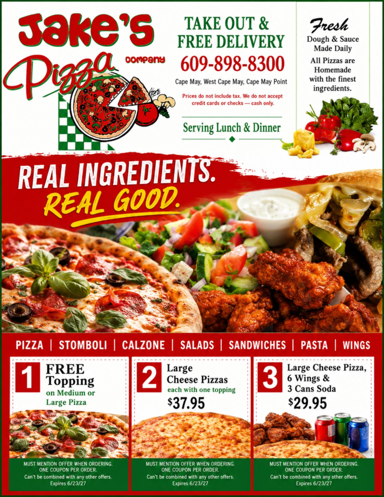 Jake's Pizza Company coupons Cape May NJ - free topping and pizza deals