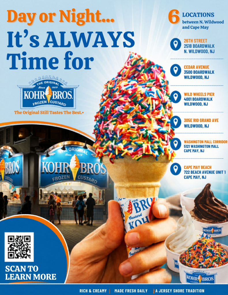Kohr Bros Frozen Custard stand on the boardwalk in Wildwood, New Jersey serving soft serve ice cream